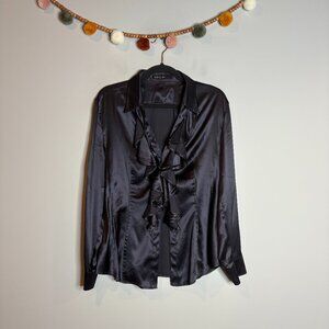 Marc Cain deep navy silk ruffle button down blouse